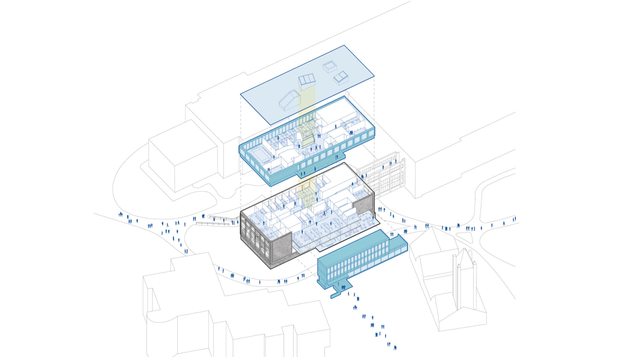 exploded axonometric showing circulation in an academic building