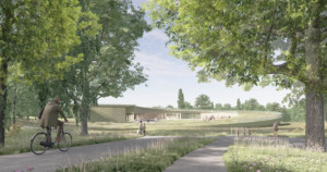 rendering of a circular building emerging from a meadow