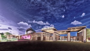 rendering of entry way t concert venue with gates and turnstiles