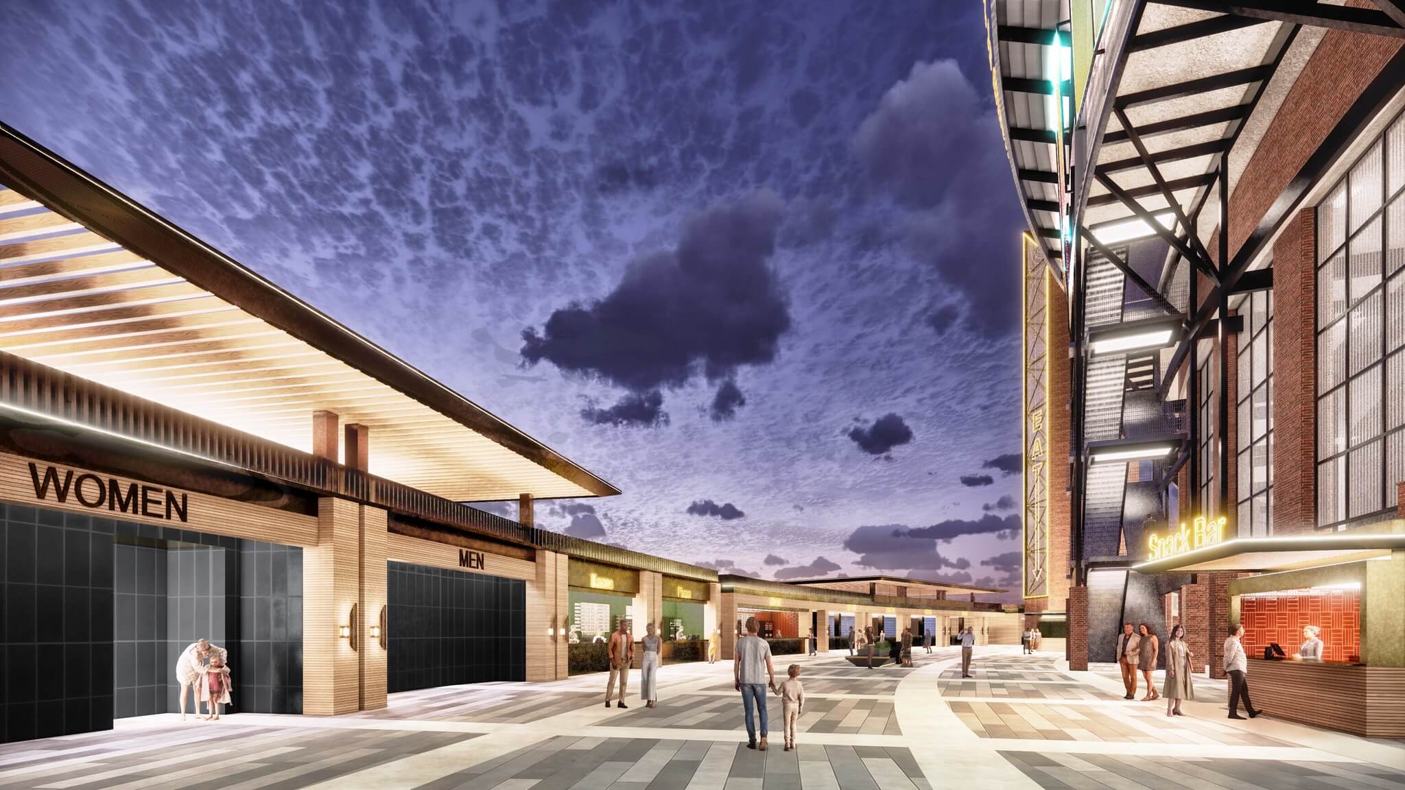 rendering of a promenade within concert complex with bathrooms