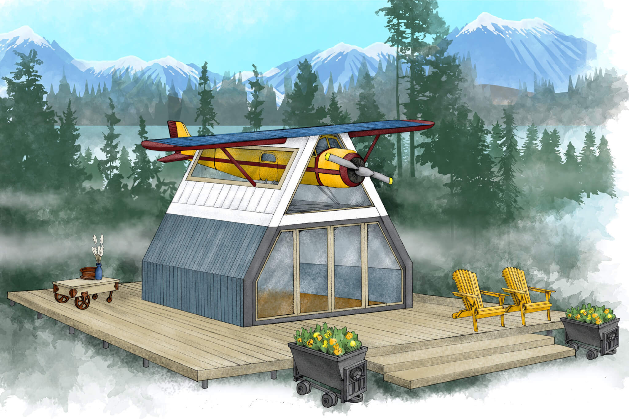 drawing of bush plane on top of house