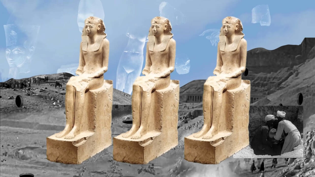 collage with egyptian sculptures on background