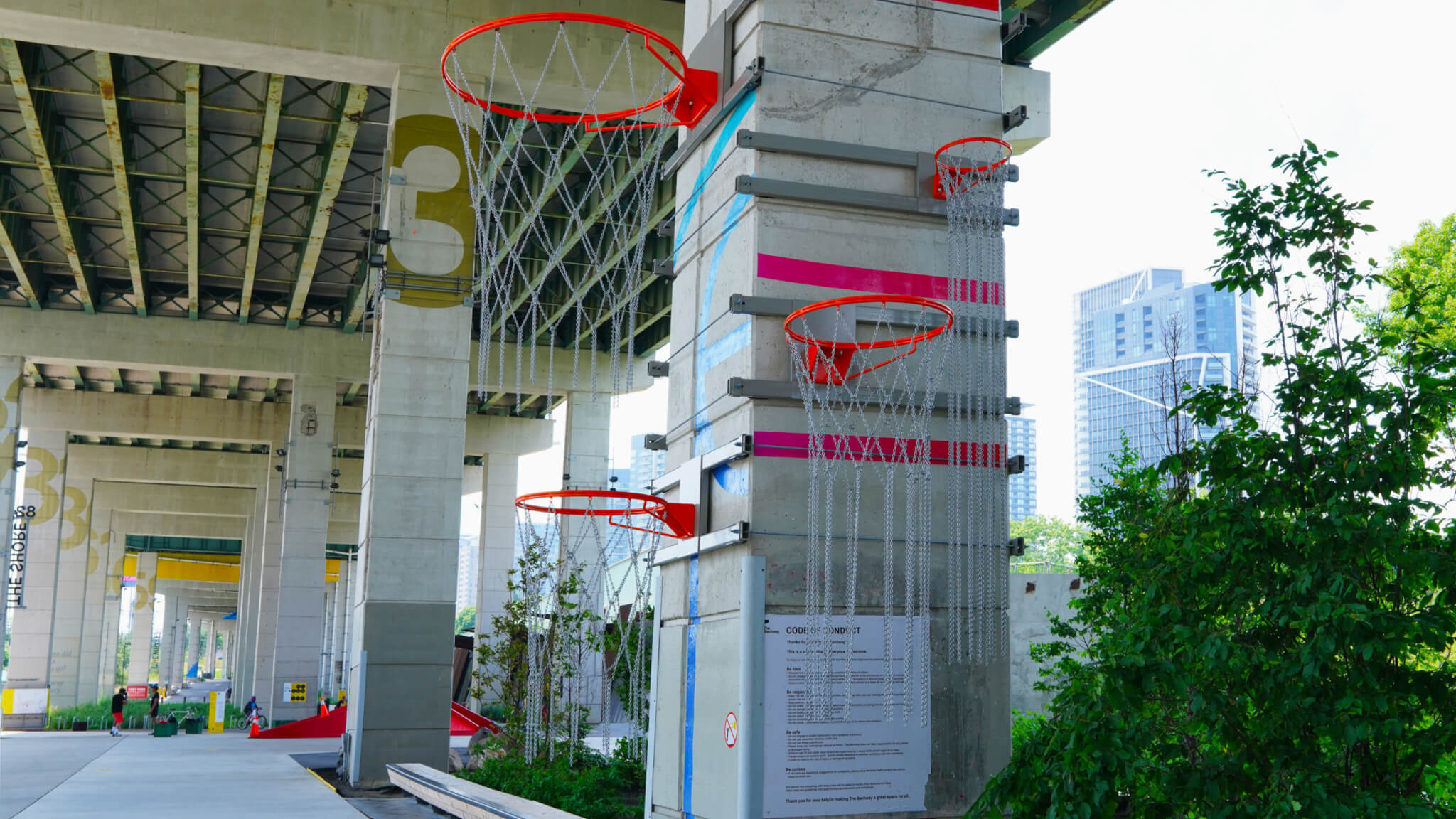 a series of staggered basketball hoops
