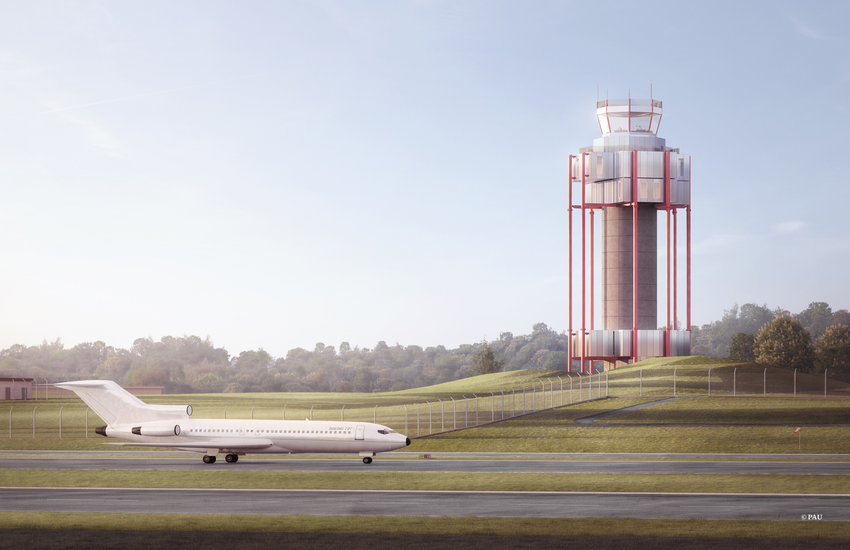 rendering of an air traffic control tower behind a runway