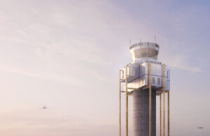 rendering of an air traffic control tower with plane in background sky