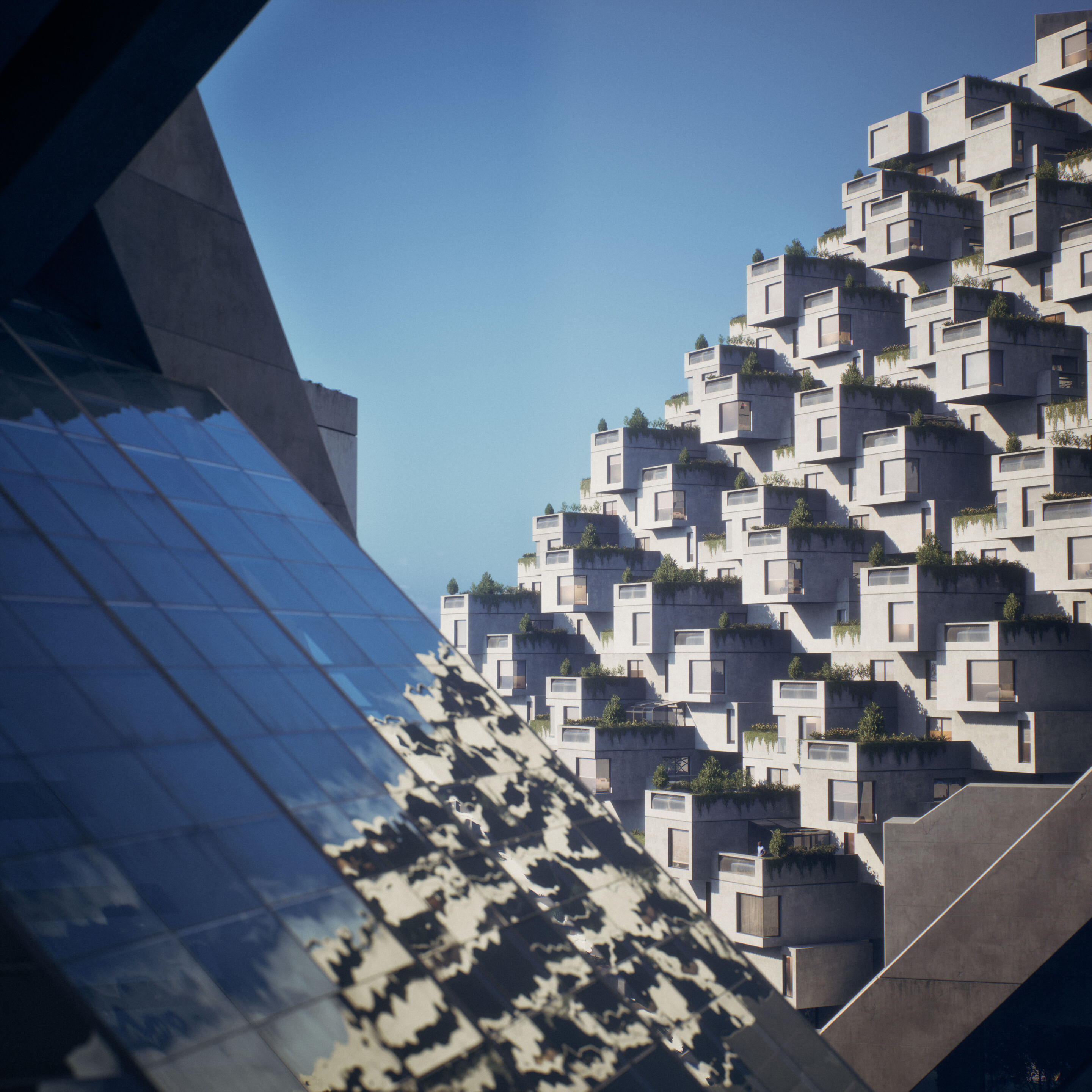 Digital model of a housing complex, exterior view