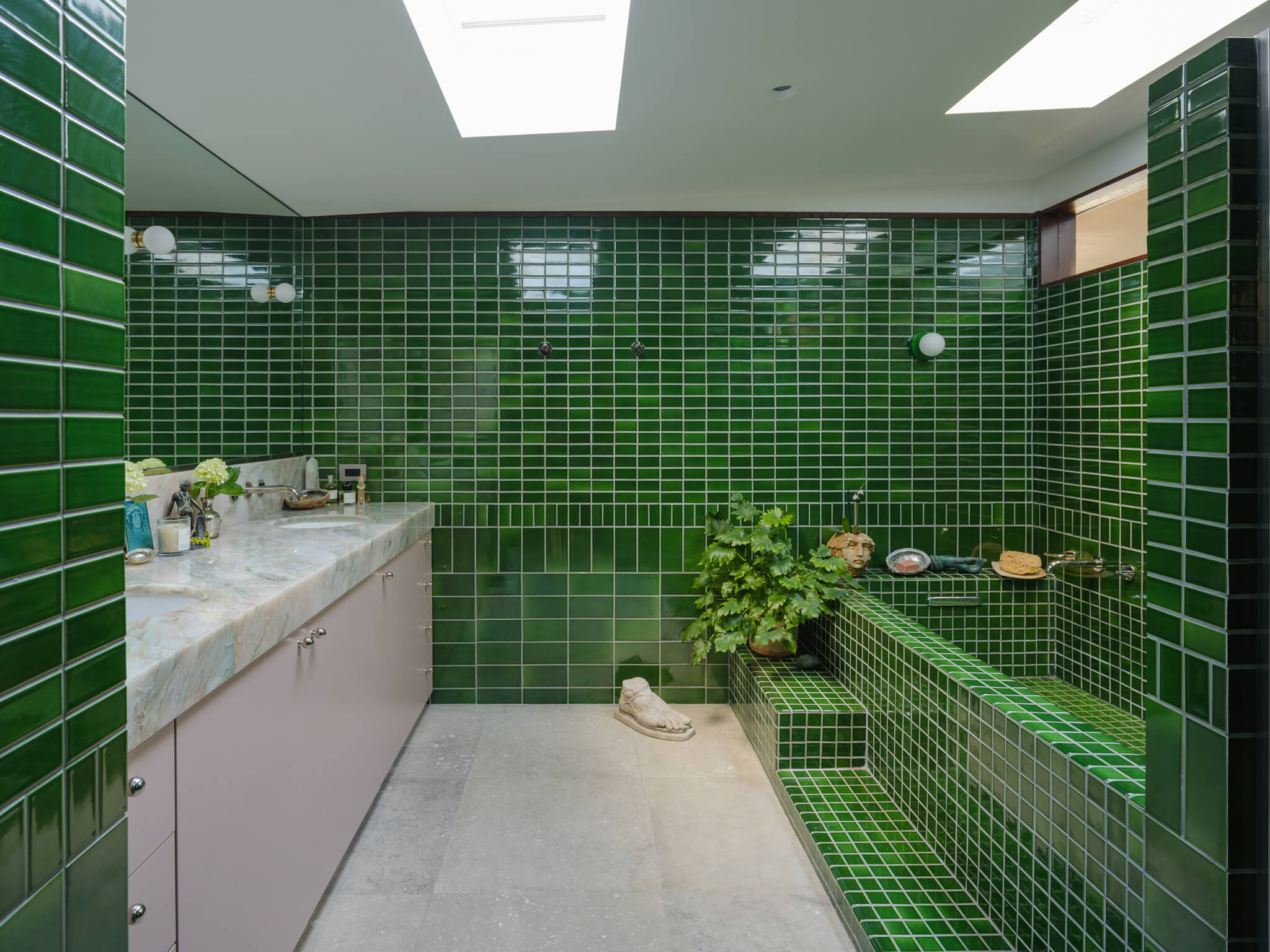 green tile walls