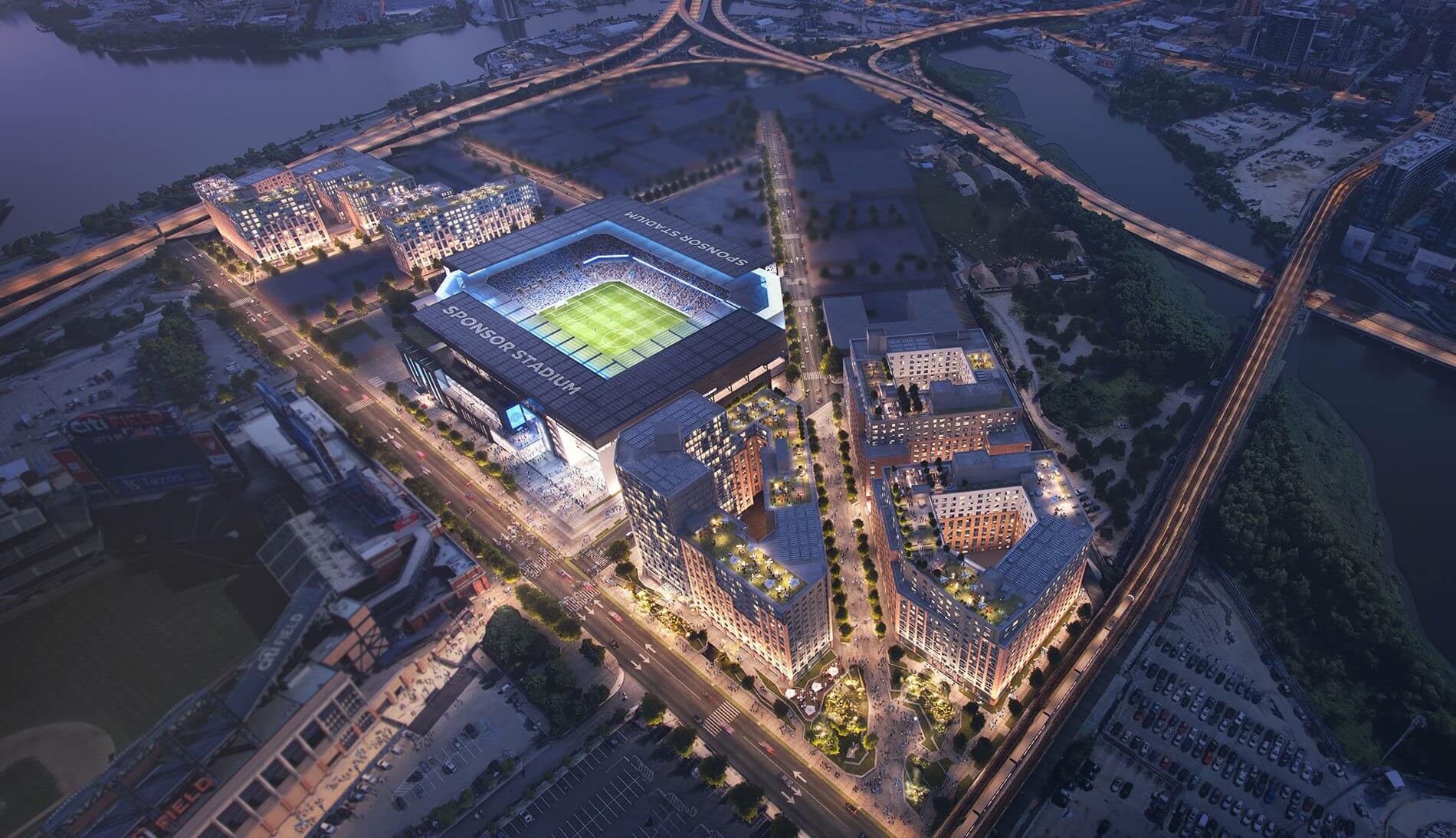 aerial view rendering of a stadium and housing complex
