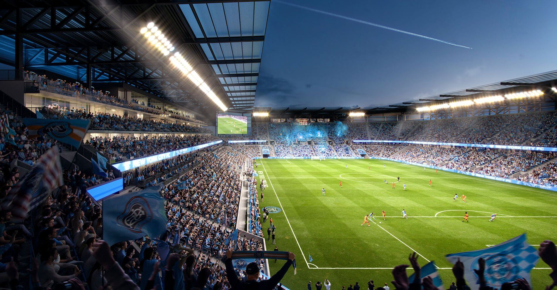 rendering of a seat-level view at a soccer stadium