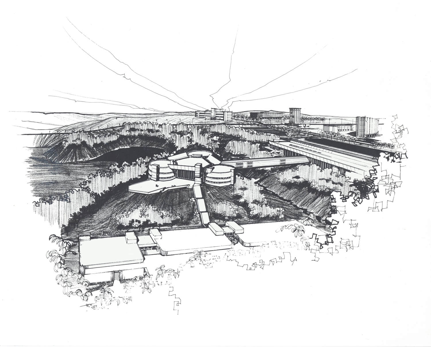 drawing of a science center and surrounding urban area
