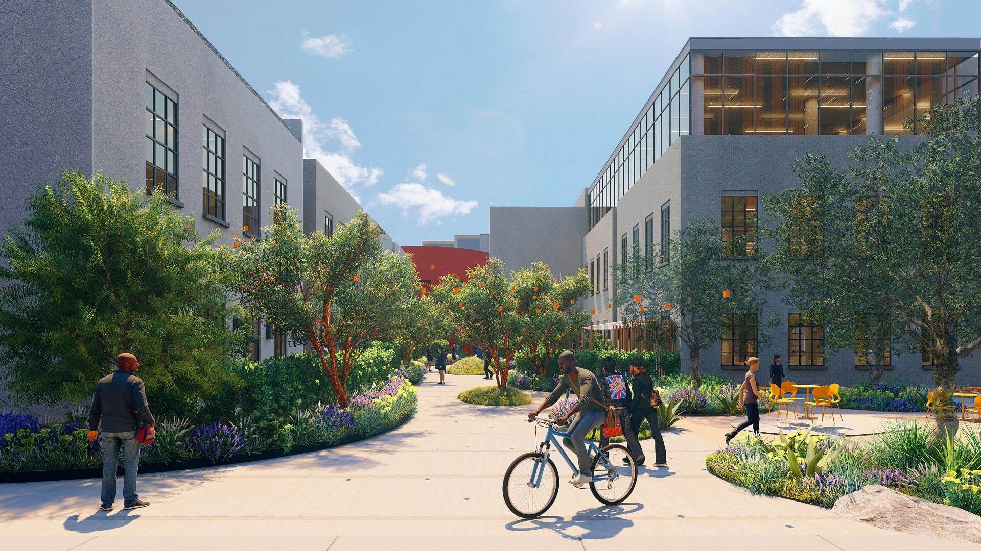 rendering of cyclists and pedestrians in a studio complex