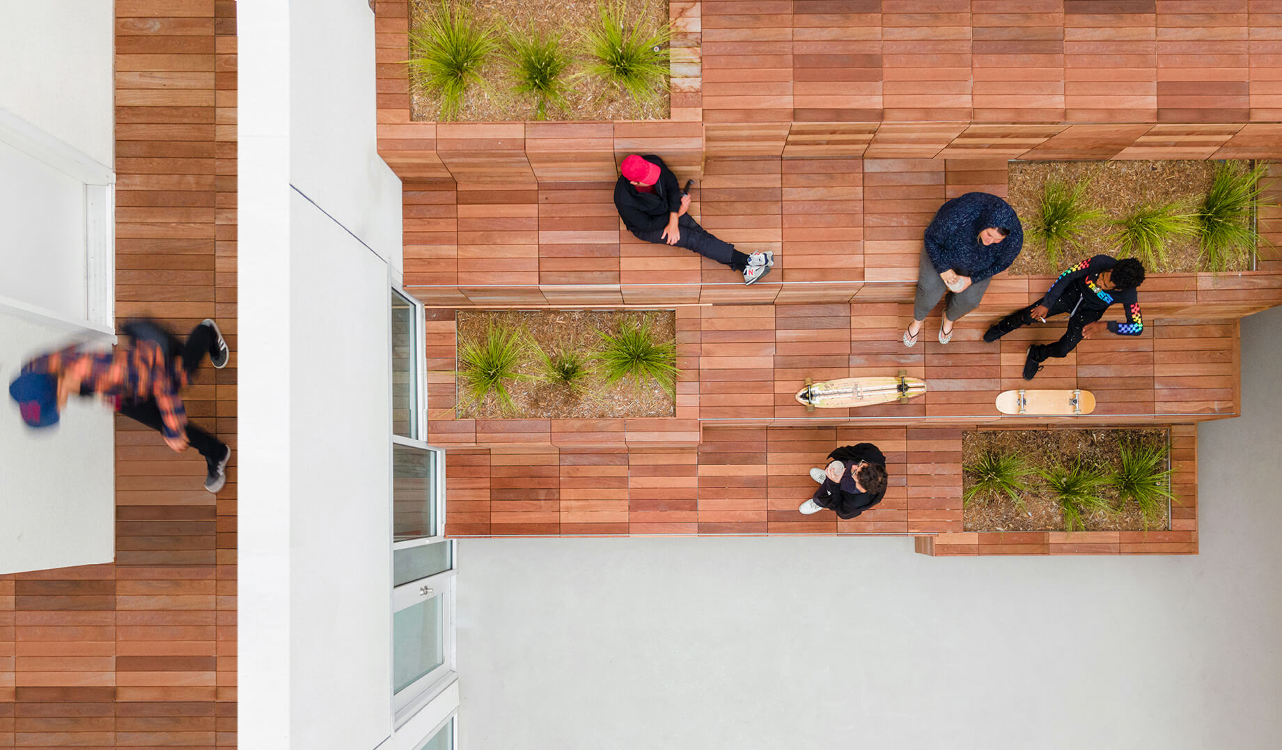overhead shot of people sitting on a social staircase