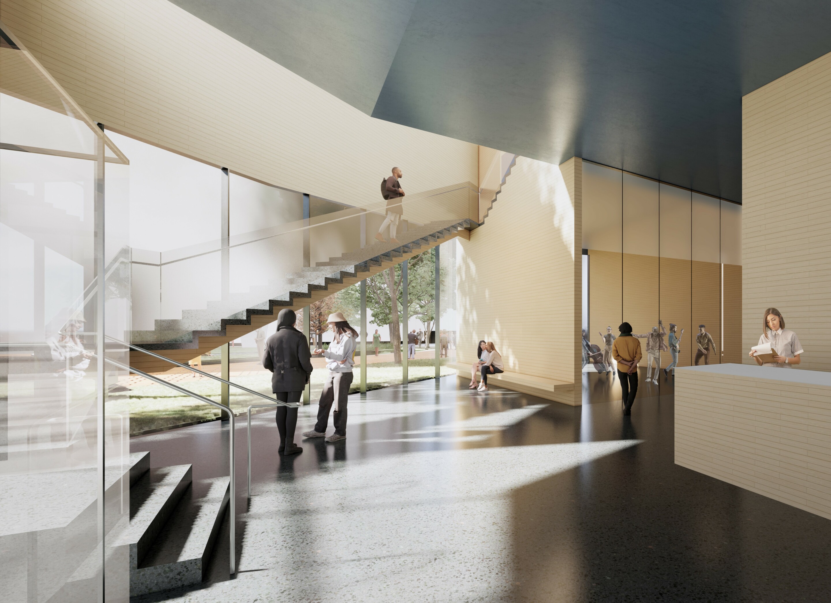 interior rendering of a performing arts center lobby