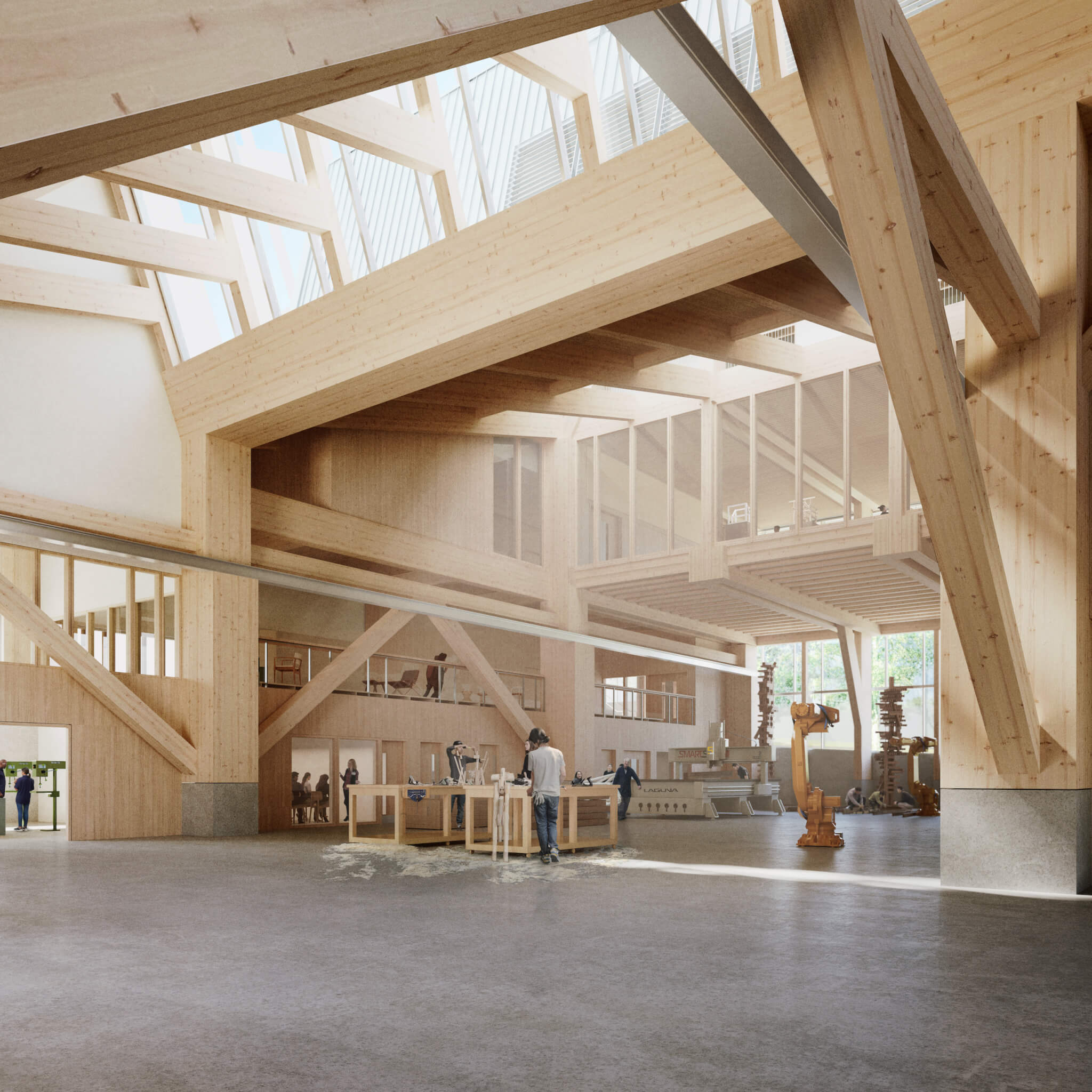 rendering of a mass timber fabrication lab
