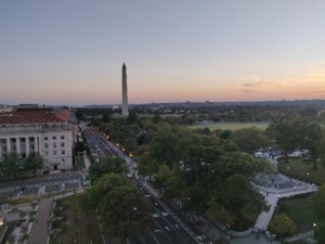 view of the national mall from above at sunset