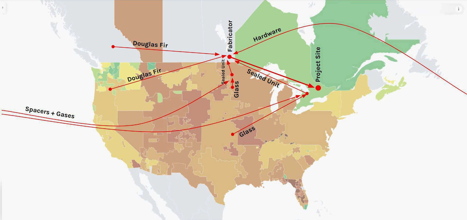 map showing material flows overlayed over energy grid metrics in North America