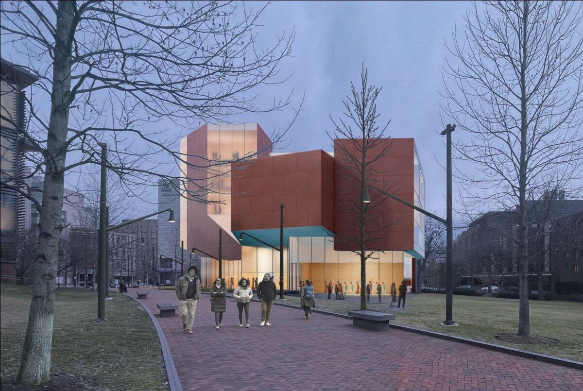rendering of a performing arts center on a campus