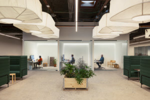 people gathered in open meeting rooms in a light-filled, spacious office space