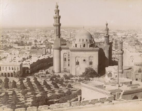 a sepia image of Sultan Hassan Mosque in Cairo