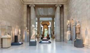 interior view of gallery with statues on display