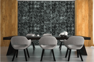 dining chairs with black feature wall