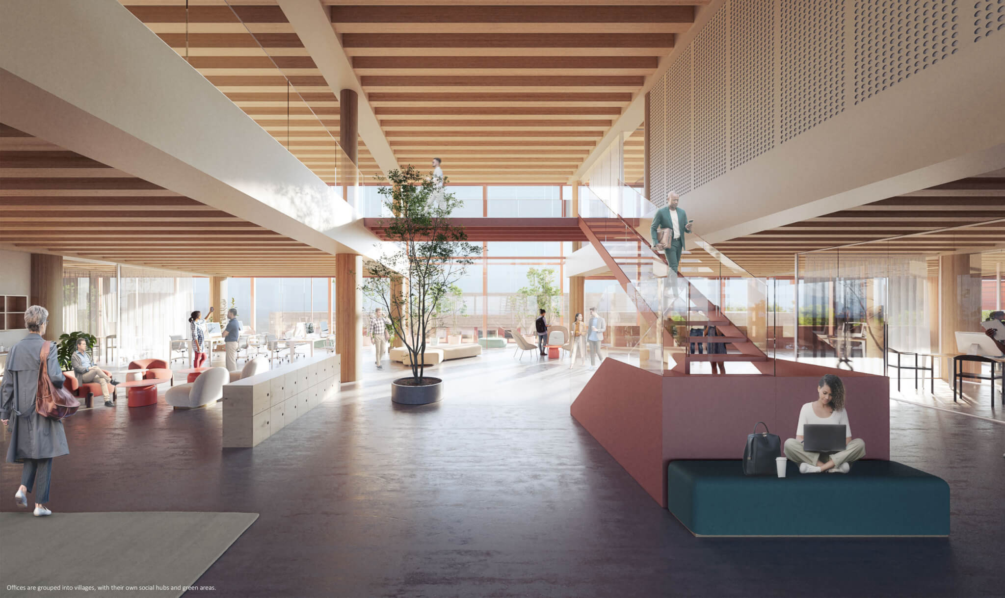 rendering interior view with wood slat ceiling and colorful platforms
