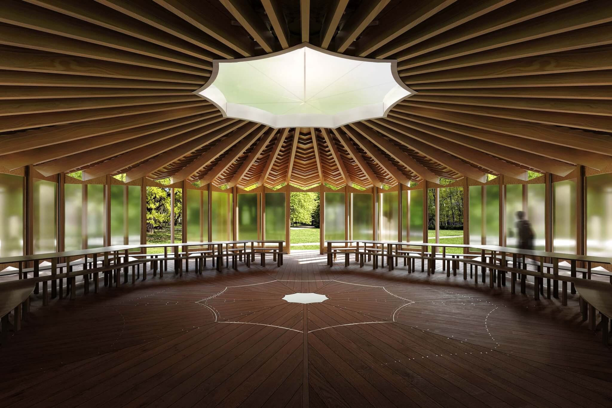 rendering interior view of serpentine pavilion with benches and tables