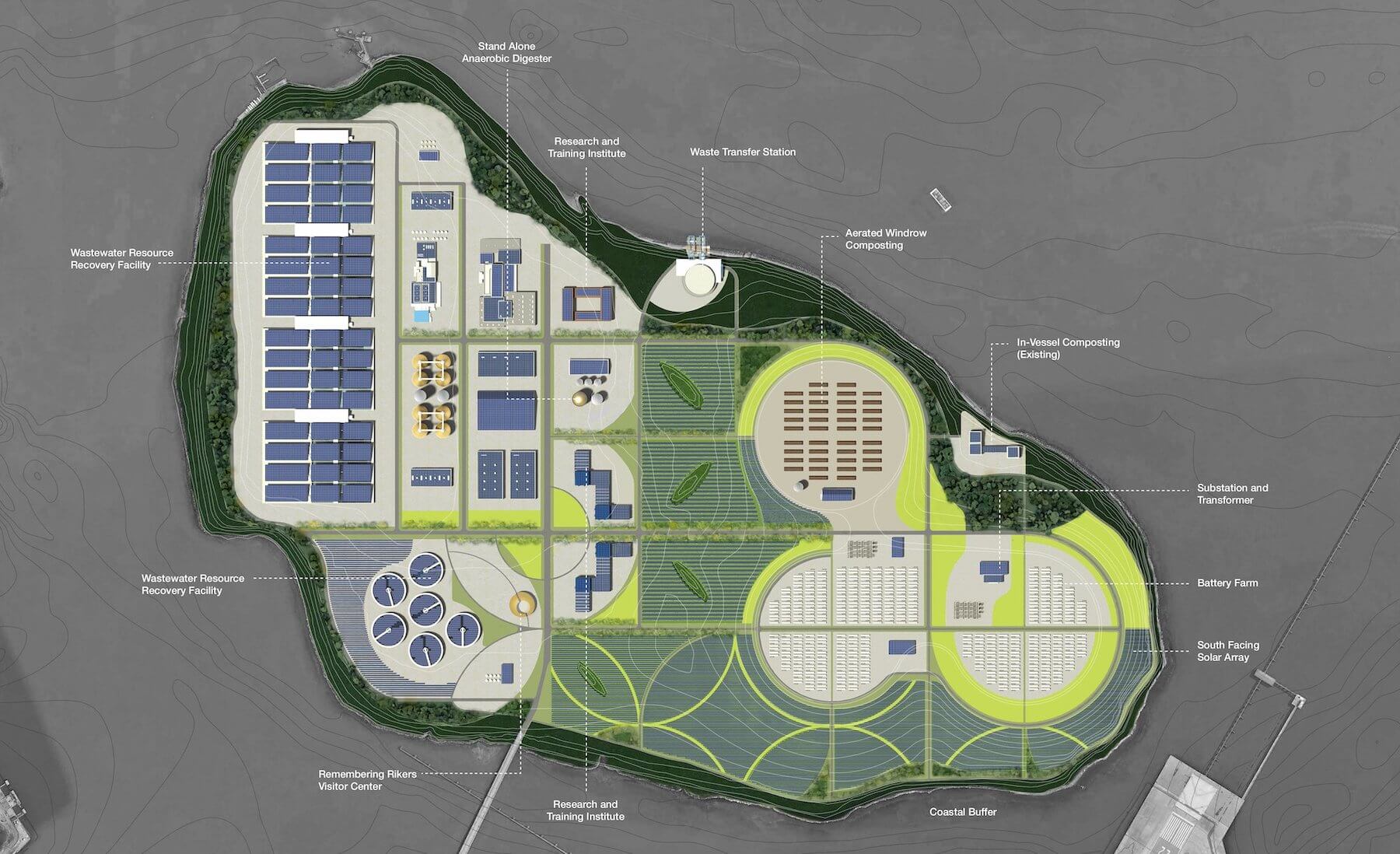 site plan for rikers island as a green energy hub