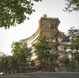 rendering of curved building surrounded by trees