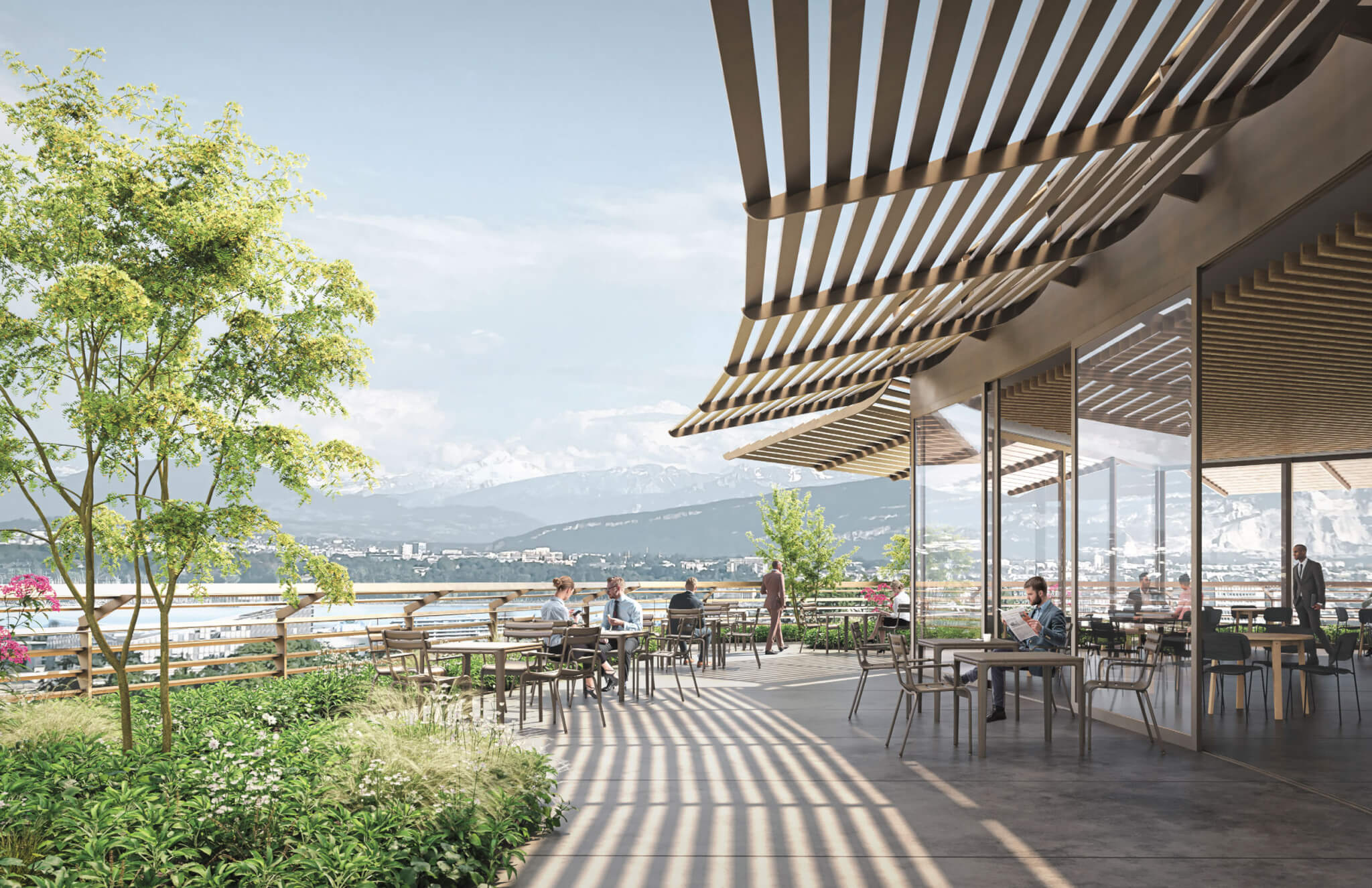 rendering of sweeping deck space with outdoor seating