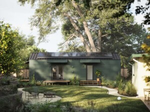 rendering of a small green house in a backyard
