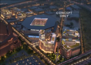 rendering of a stadium and surrounding redevleopment zone