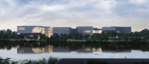 rendering of a museum complex set against a body of water