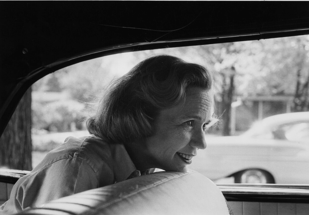 black and white photo of aline louchheim in car