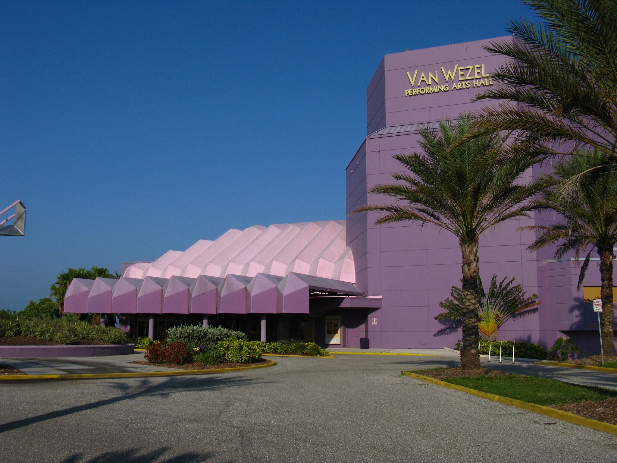 image of purple building surrounded by palm trees