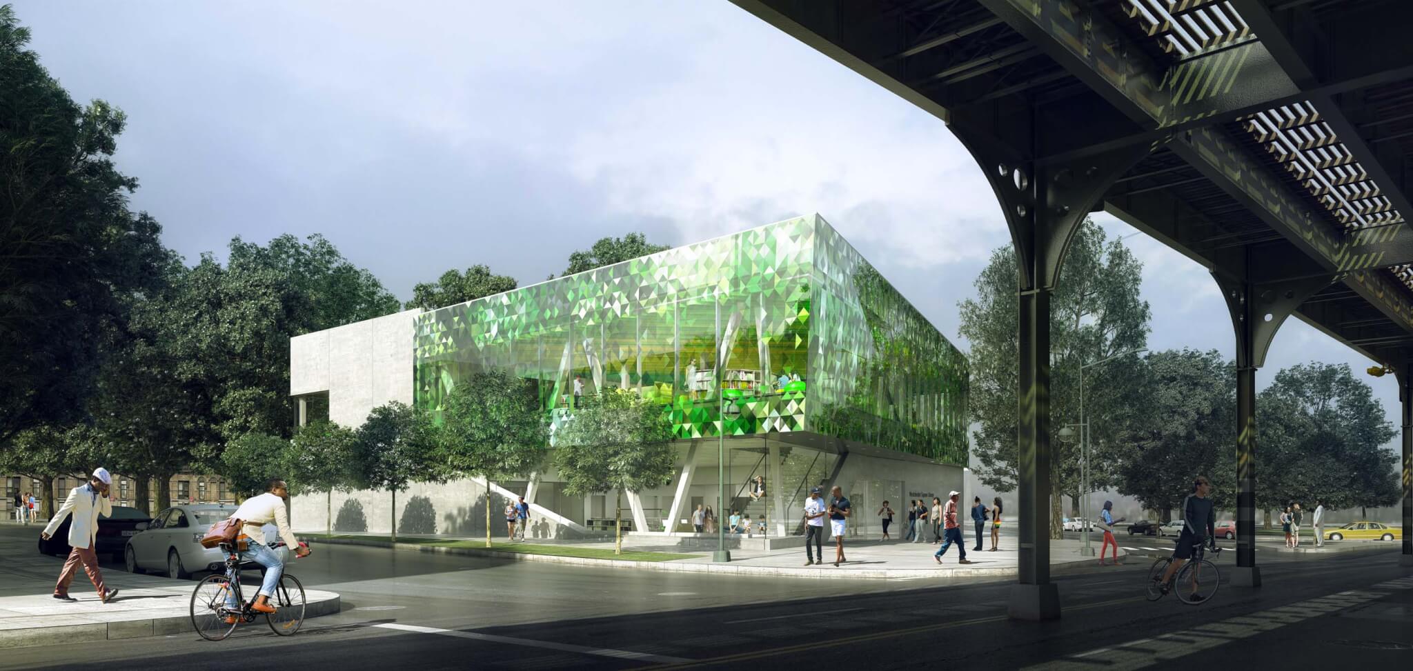 green facade with trees at street level