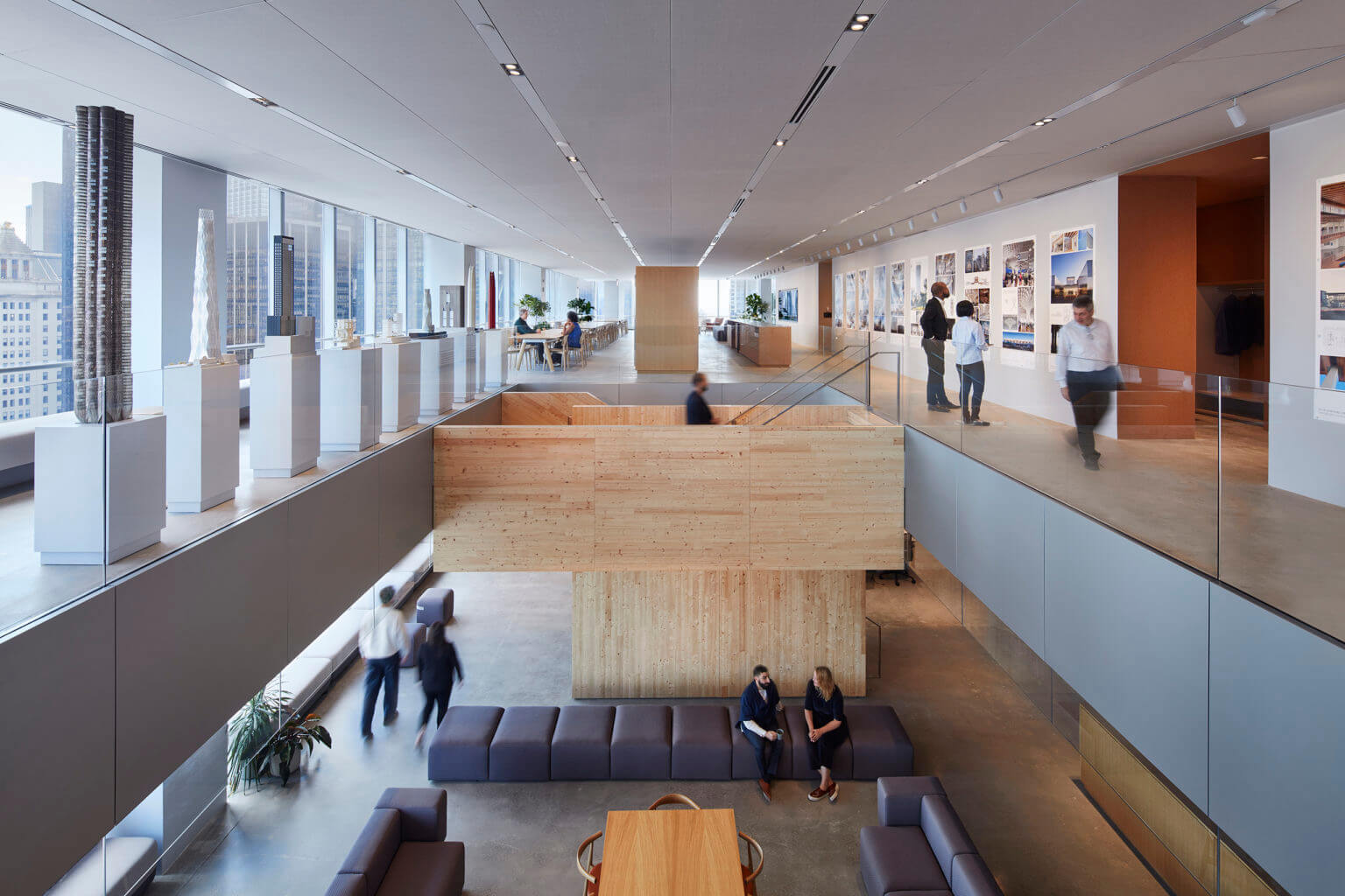 open office space with large timber staircase