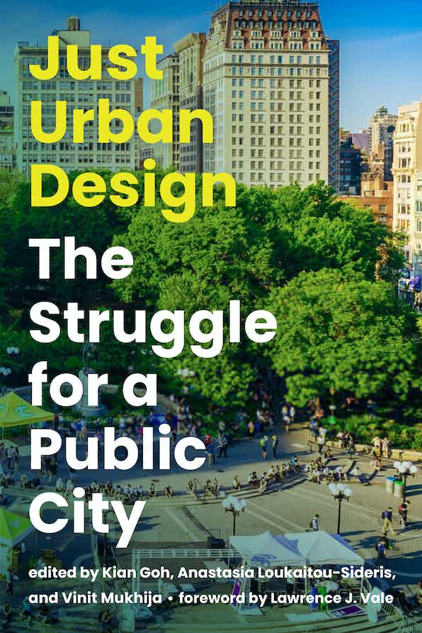 book cover with photograph of city and trees and public plaza