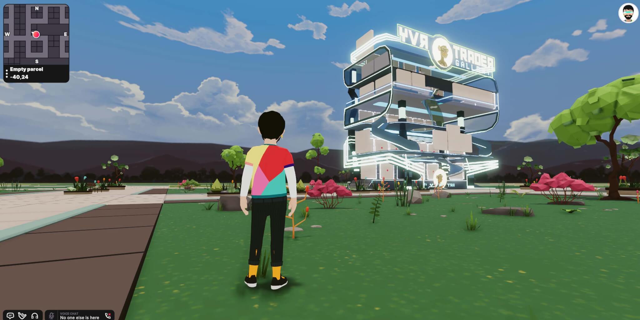 man stands in front of glass building in the metaverse