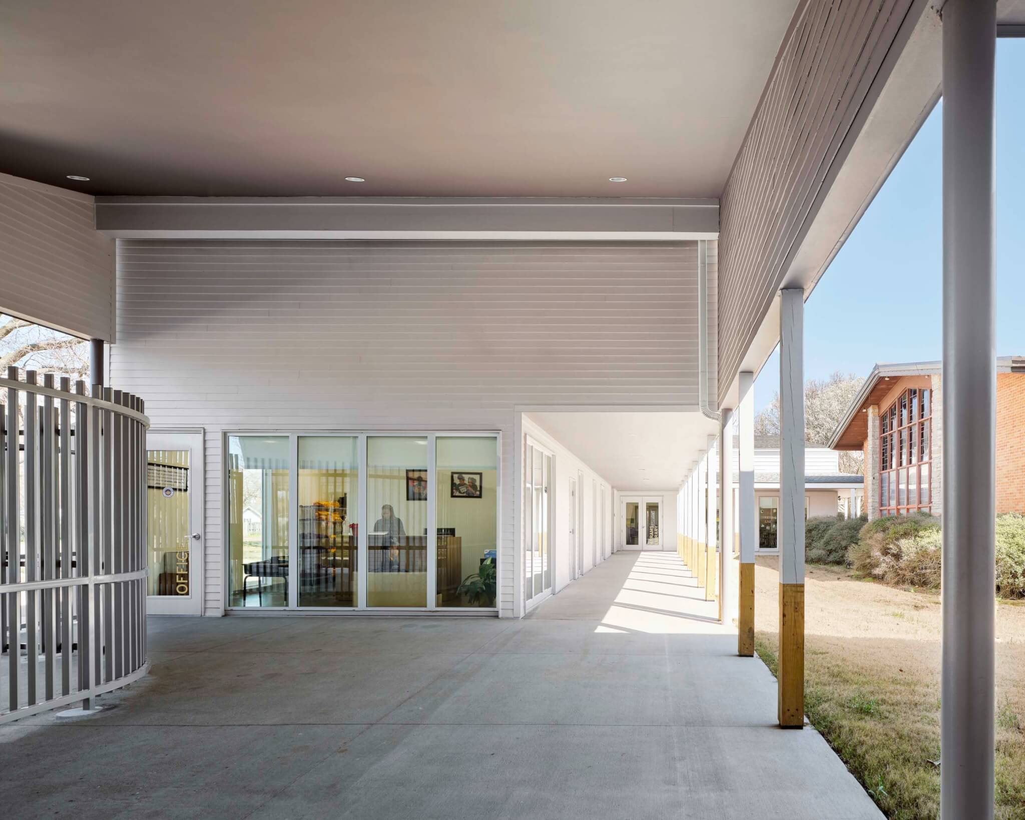 covered patio attached to school building