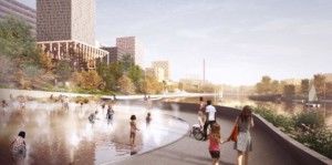 rendering of people playing in a reflecting pool