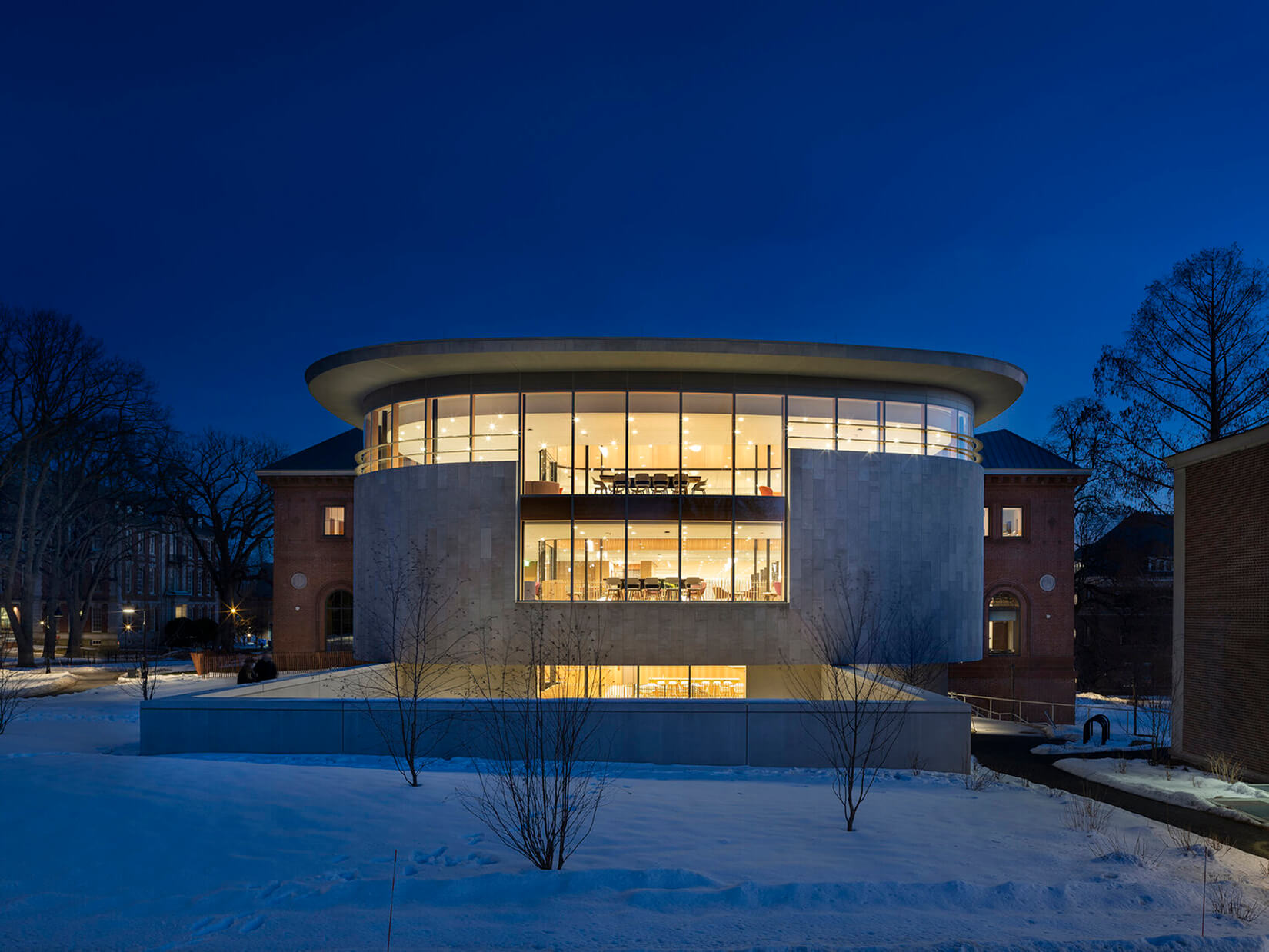 nightime view of circular library