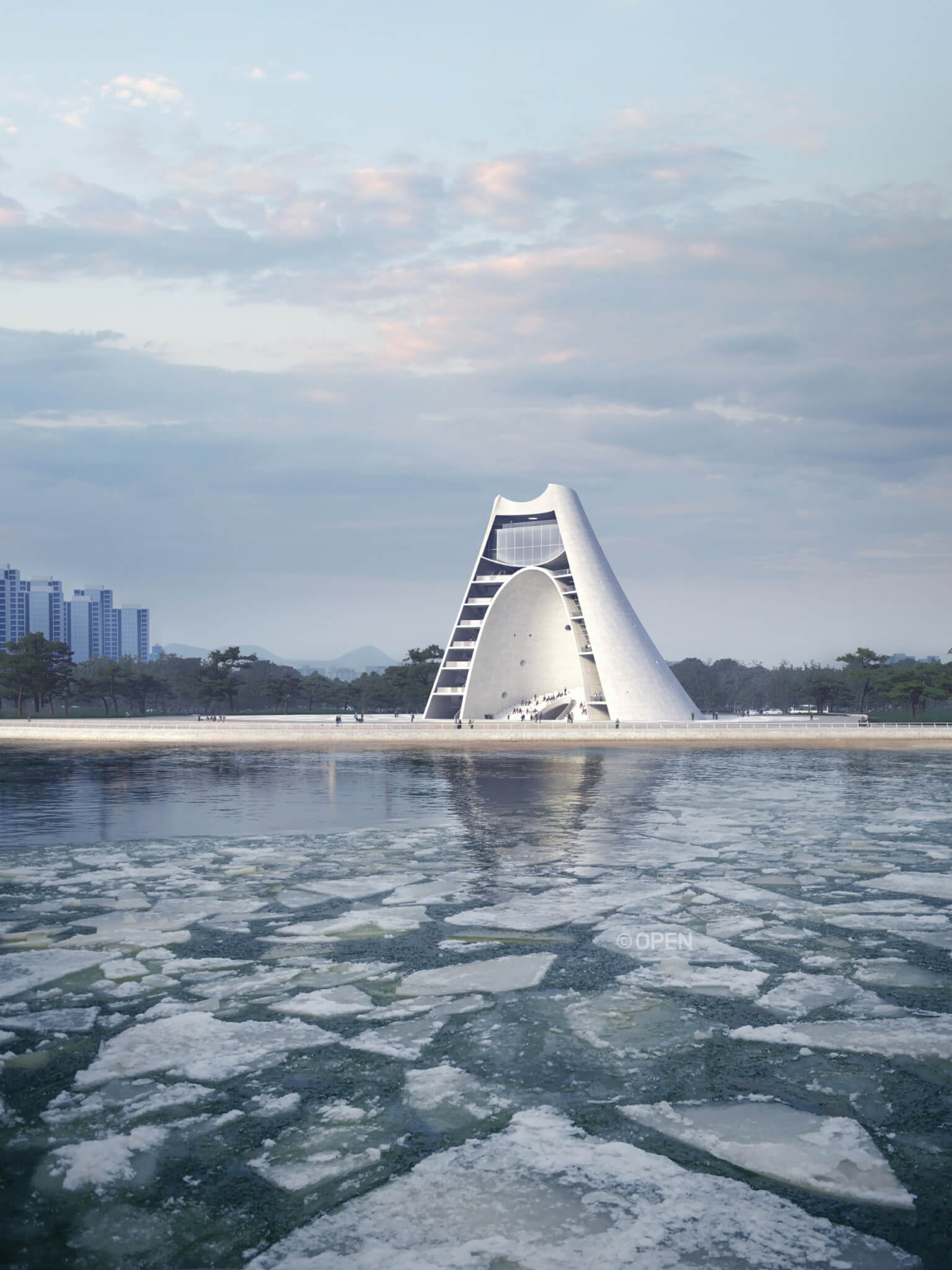 rendering of sun tower building out on water