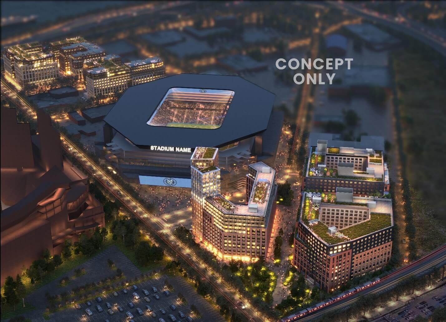 rendering of soccer stadium with buildings around it