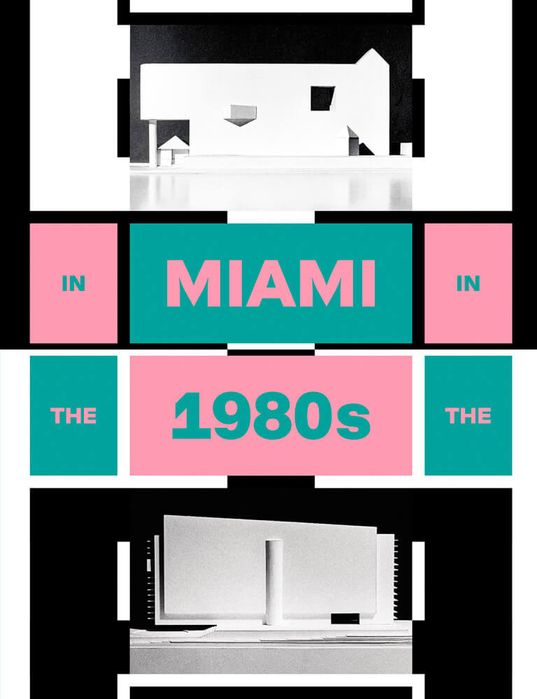 book cover with pink and green text and black and white miami buildings
