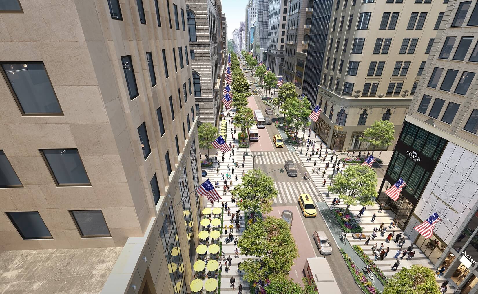 aerial view of a car free fifth avenue
