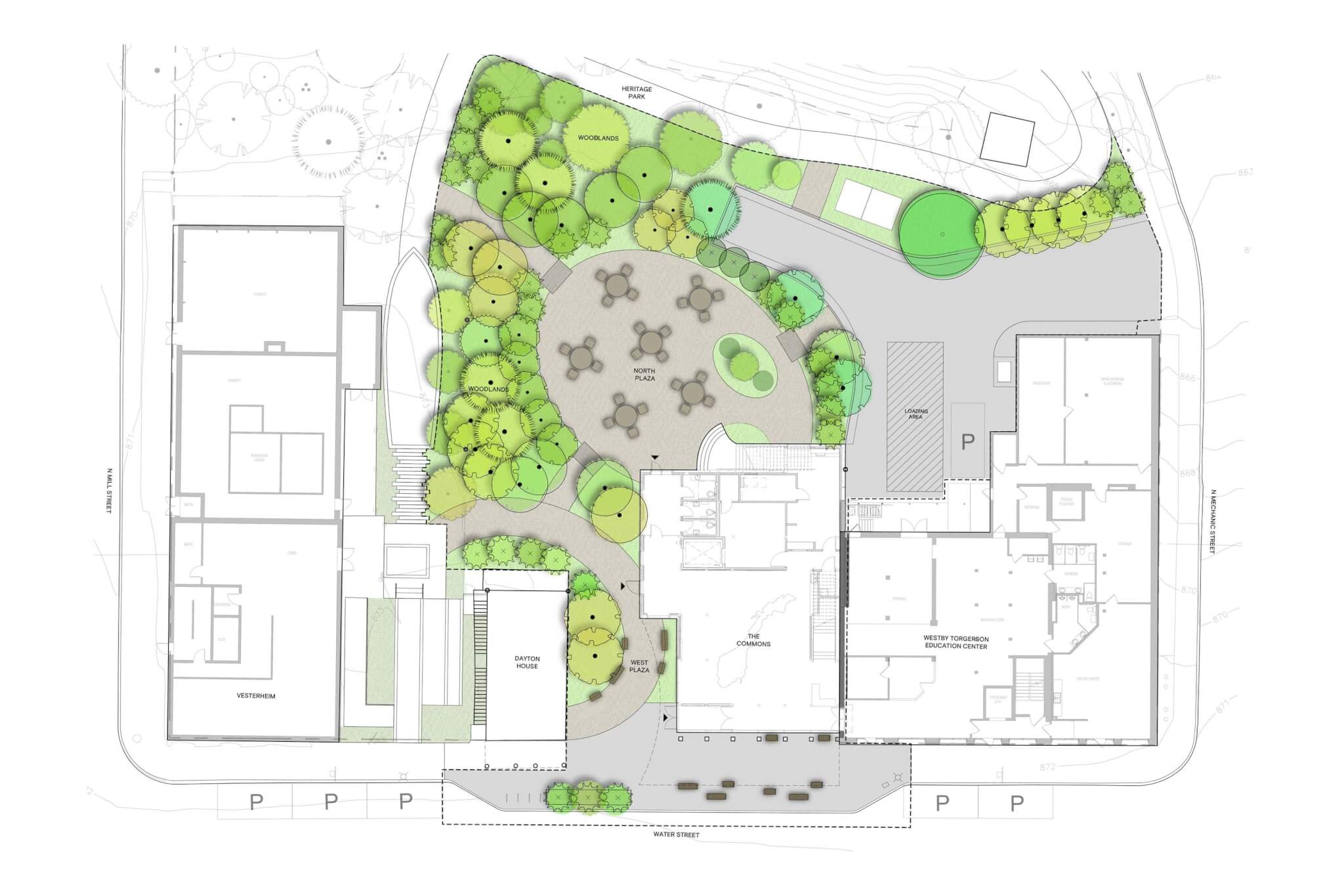 site plan with park space and buildings
