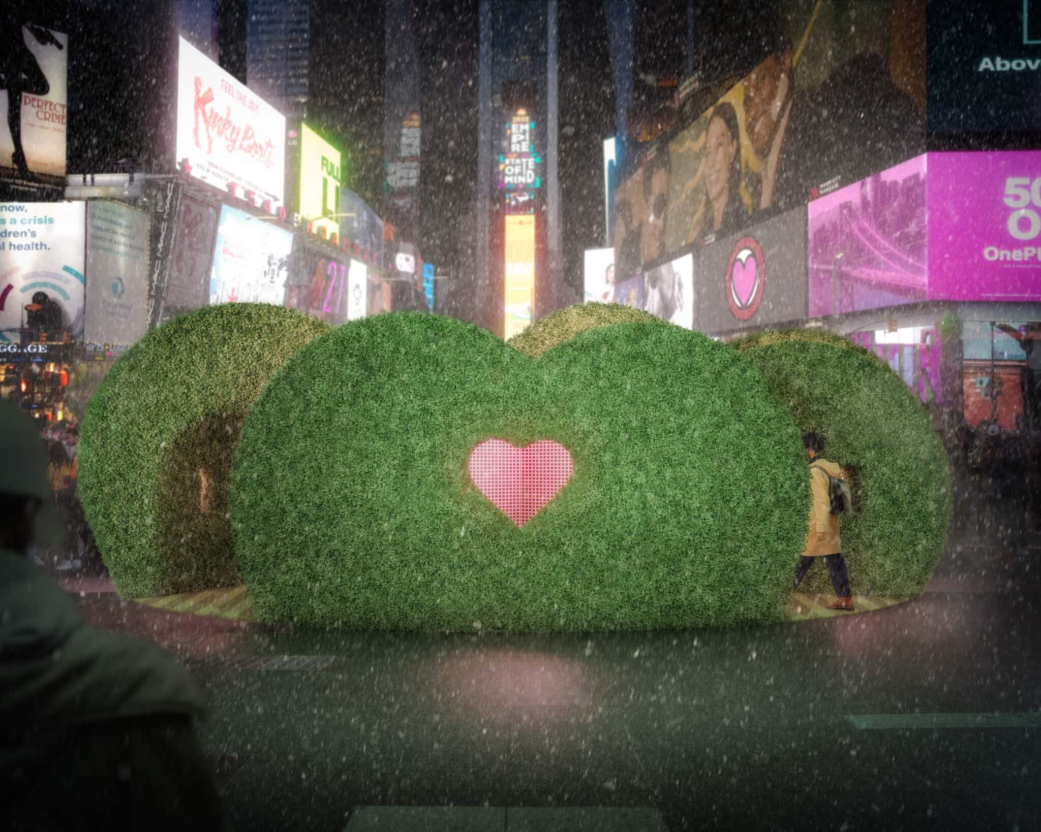 rendering of green hedge sculpture in times square at night