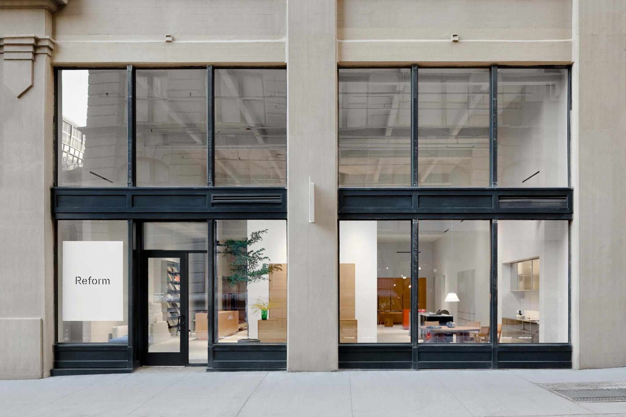 streetfront of reform showroom with large glass windows