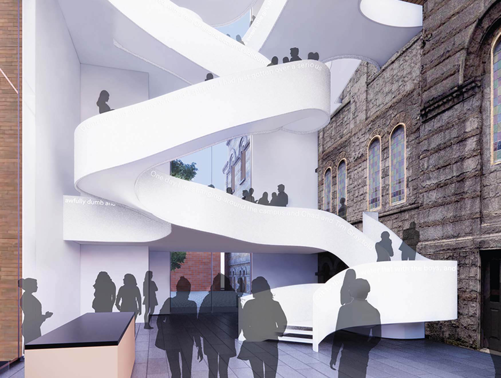 sculptural white staircase in lobby